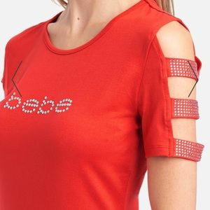 Bebe Red top rhinestone sleeve